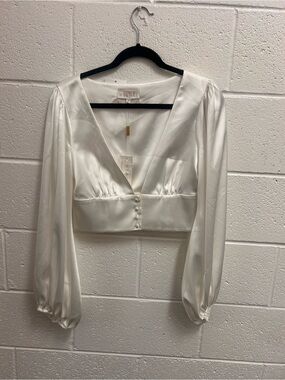 Meshki White Satin V-Neck Puff Sleeve Cropped Blouse